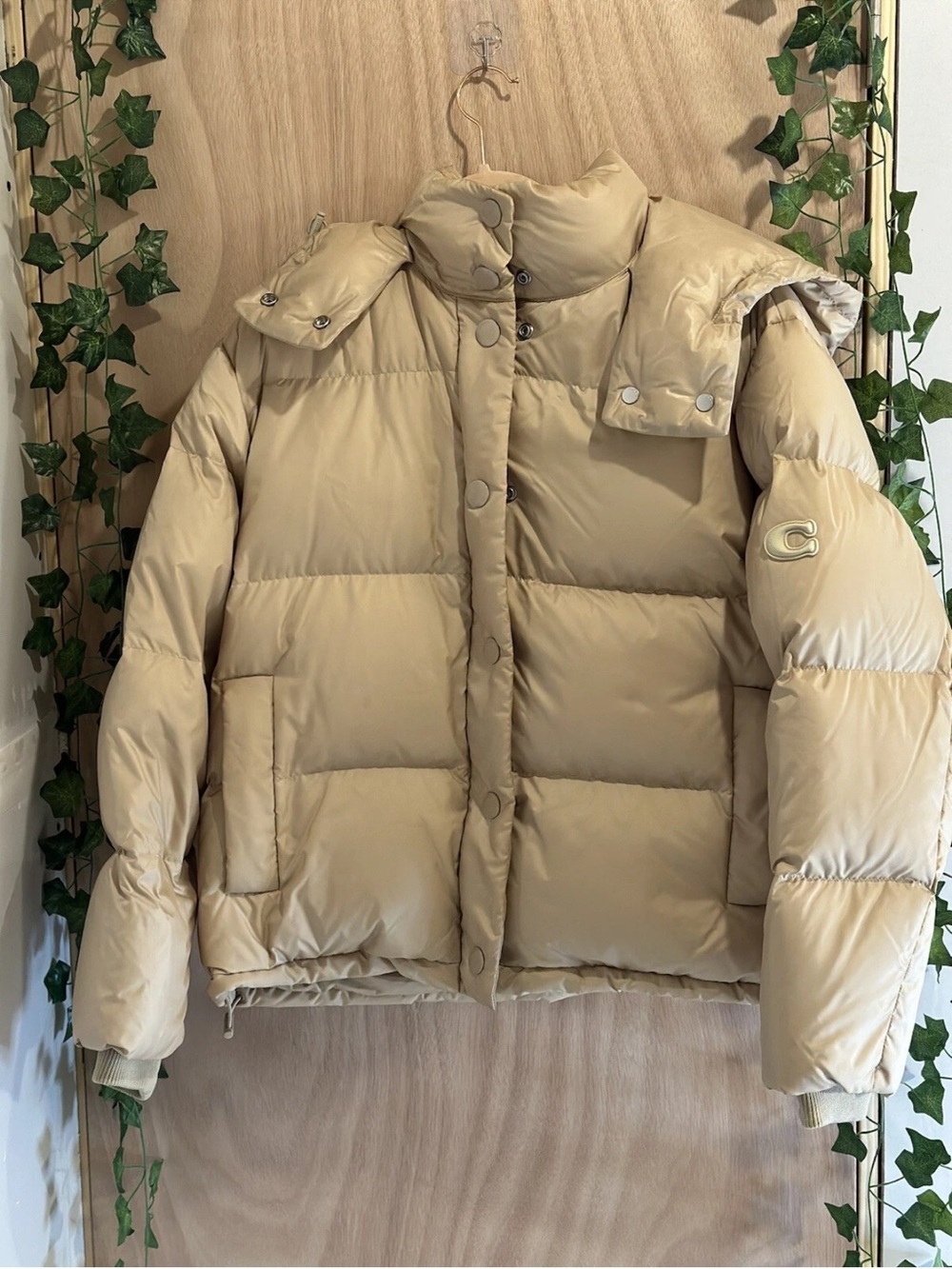 Coach Beige Puffer Jacket with Snap Placket